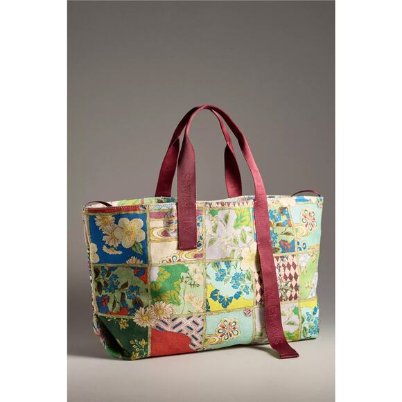 nwt ALEMAIS x ANTHROPOLOGIE Bianca Beach Tote in patchwork burgundy - Picture 1 of 4